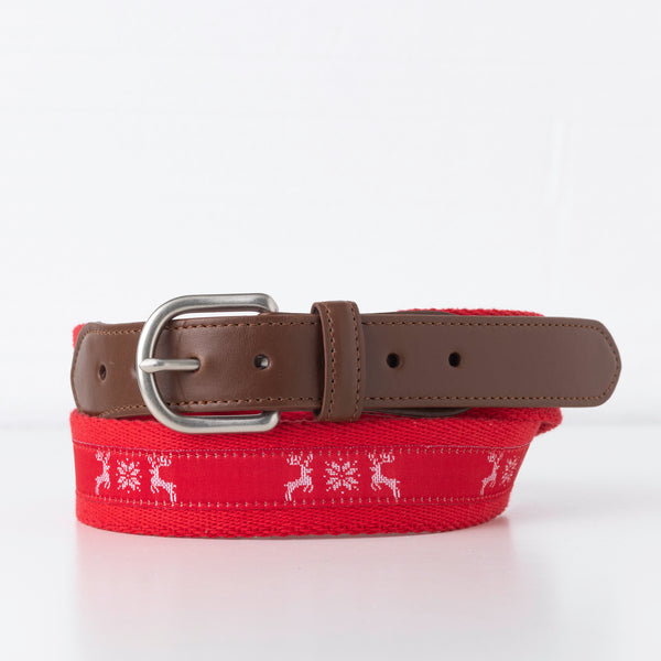 Red Reindeer Belt with Nickel Buckle + Vegan Leather Tab